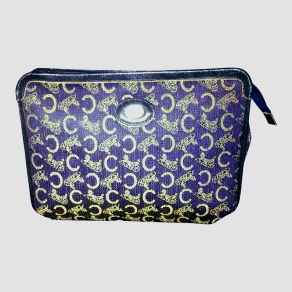 Celine Vintage Navy Blue and Cream Monogram Patterned Clutch